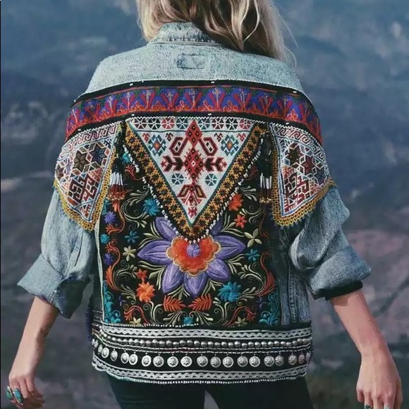 Jackets & Blazers - Boho floral embroidered tribal denim jean jacket